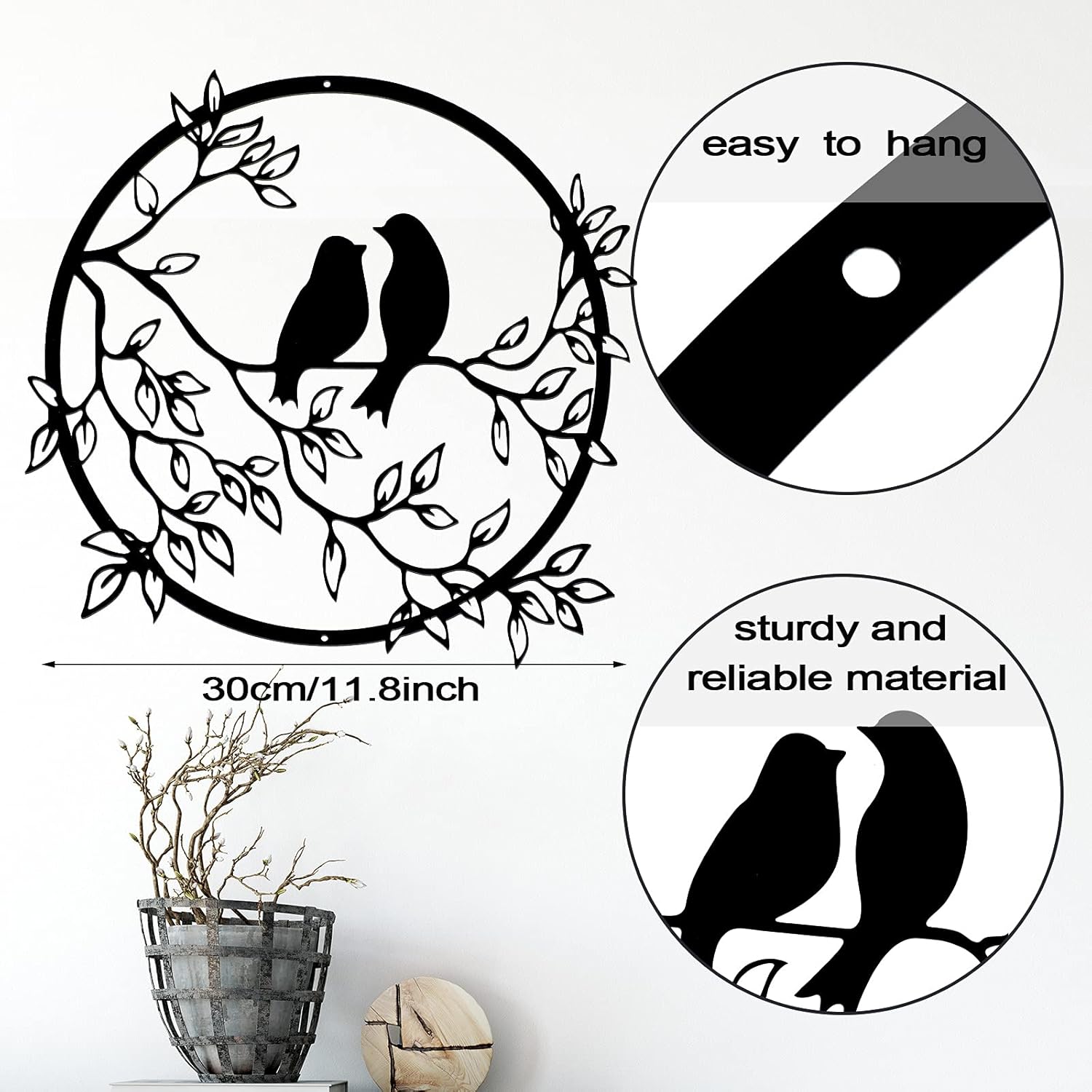 Ferraycle Metal Wall Art Bird on Tree Branch Silhouette Bird Art Decor for Living Room Garden Bedroom Office Home Wall Housewarming Party Decor(Black)