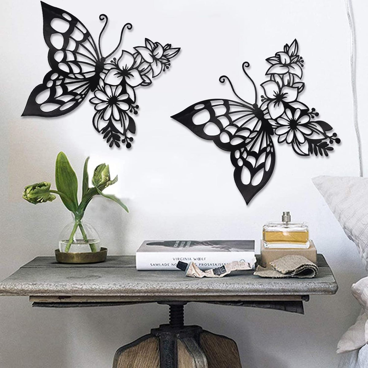 EZ4ENCE 2PCS Butterfly Decoration Wall Art Boho Wall Home Decor Hanging Appearance Wall Decor Metal Hanging Butterfly Decor Flower Wall Art for Bedroom Living Room Home Wall,Black(Large)