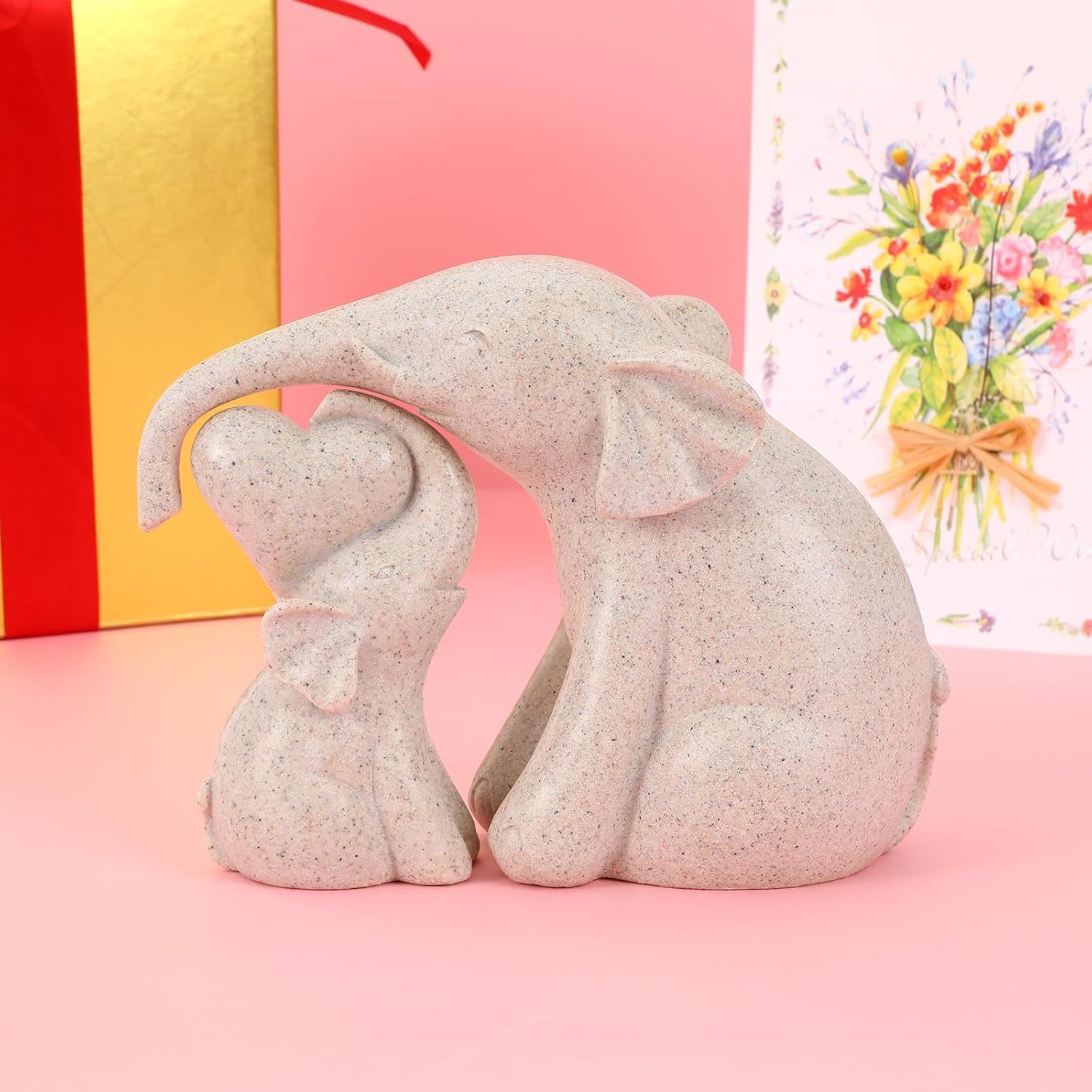 Cute Rock Sand Elephant Figurines Good Luck Elephant with The Baby Home Décor for Shelf Good Gifts for Women Animal Lovers Decoration for Living Room, Bedroom, Office