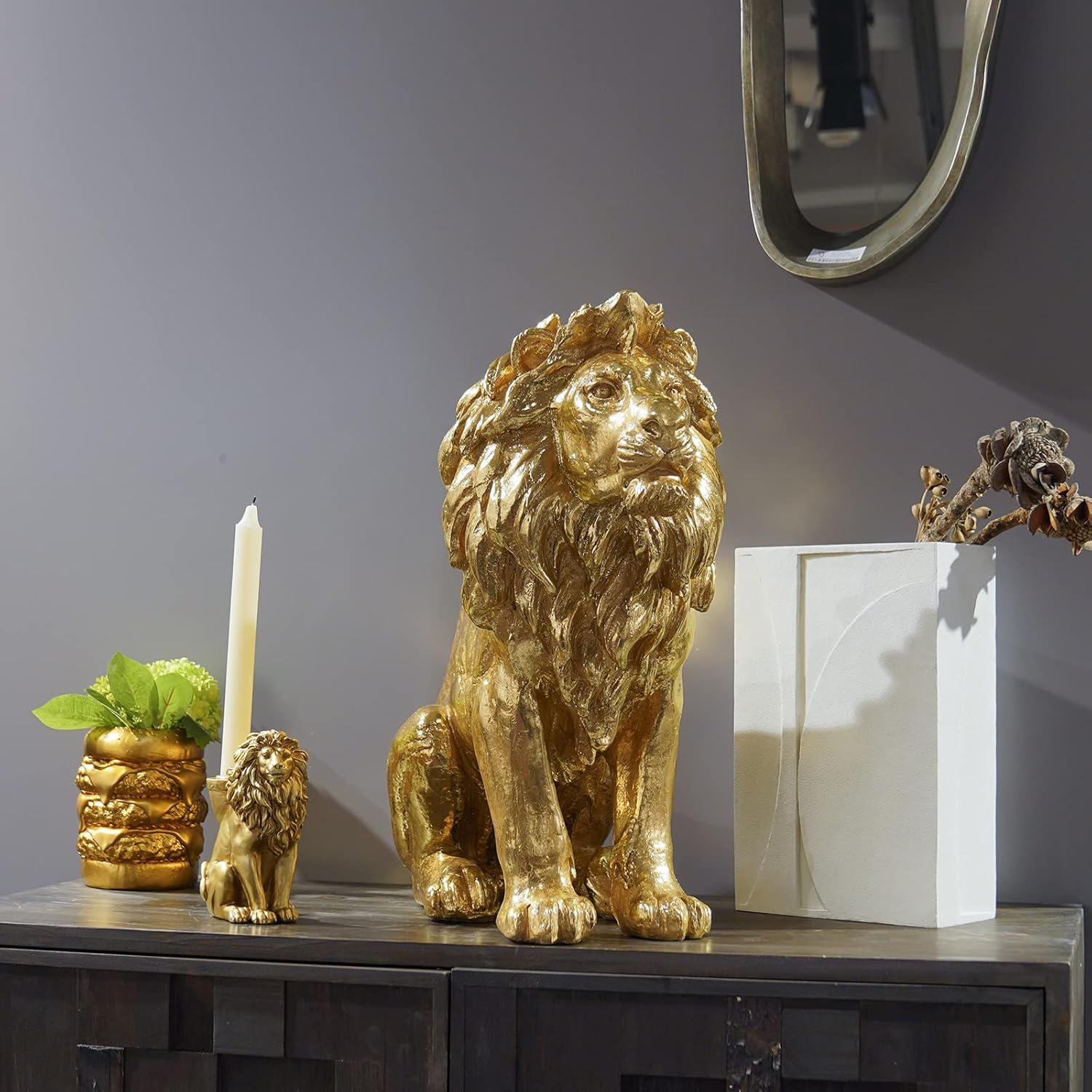 Gold Lion Statue Collectible Figurines – 20 Inch Gold Standing Lion Home Decor Lion Size Large Sculpture Lion Statue Gold Lion Decor Modern Home Decoration 20 x 9.5 x 19 Inch