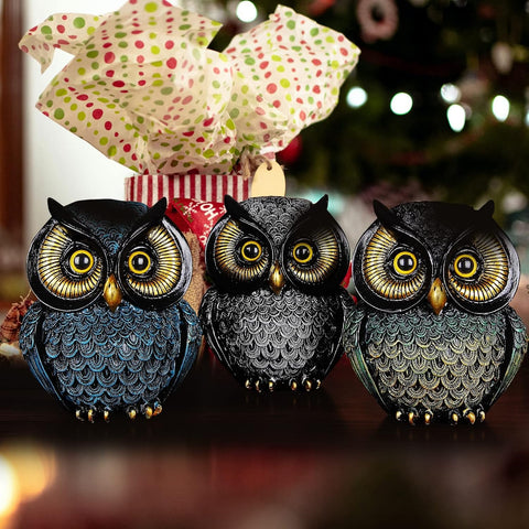 Owl Statue Home Decor Small Owl Figurines Shelves Decorations for Home Office Living Room Decor Gifts for Owl Lovers (Black-Green)