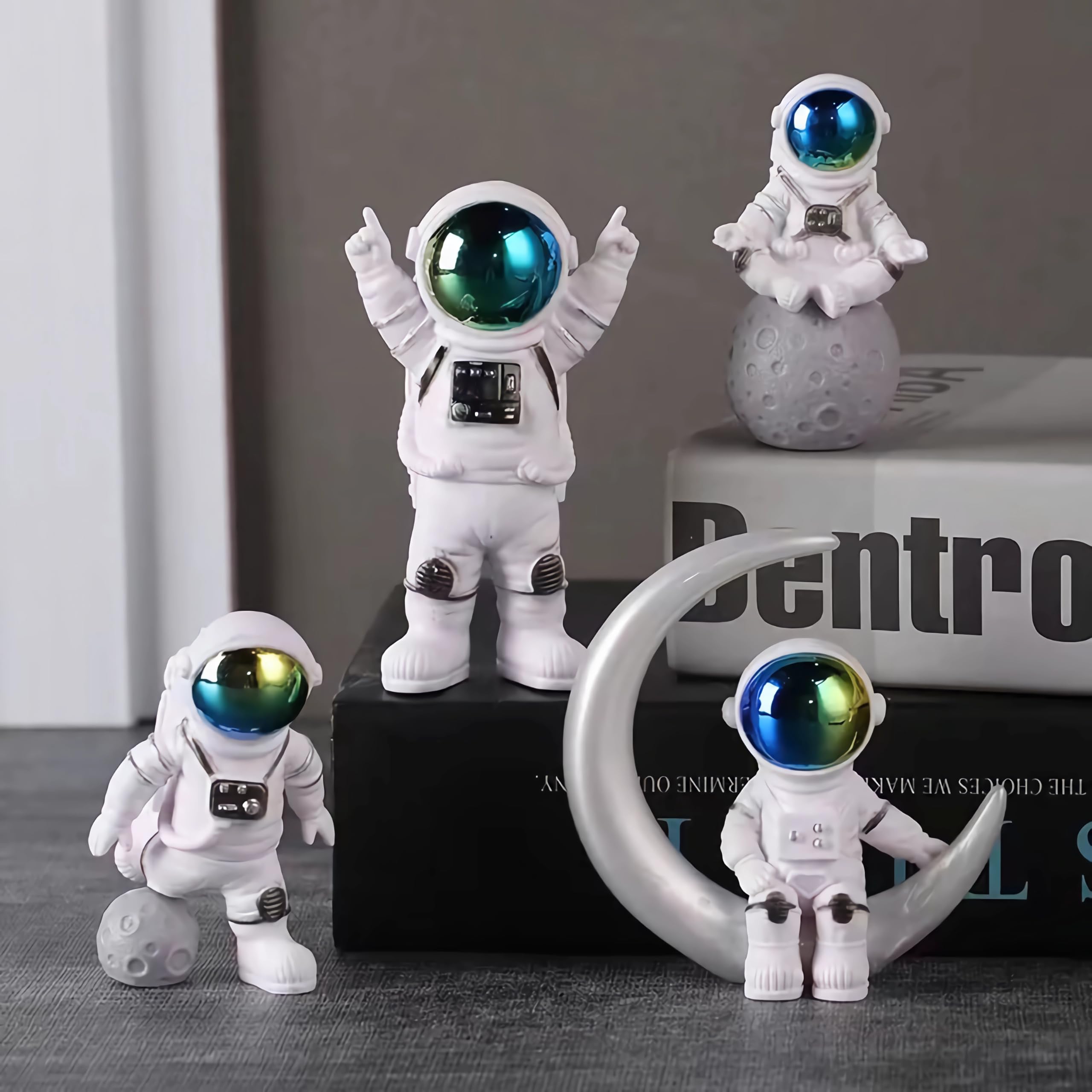 Blue White Astronaut Statues Set of 4, Spaceman Sculpture Figurines Outer Space Theme Decor for Nursery Room Cake Topper