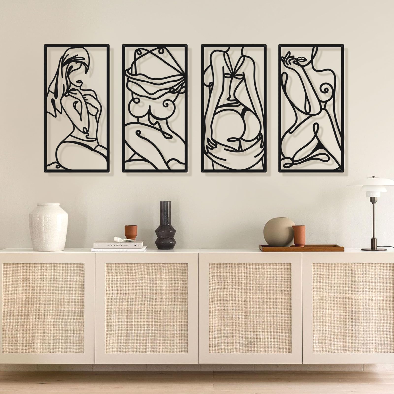 Bakovity Black Metal Bathroom Wall Art, Minimalist Woman Line Wall Decor, Metal Wall Decor for Bathroom Bedroom Living Room (4 Pcs,17 x 9 in)