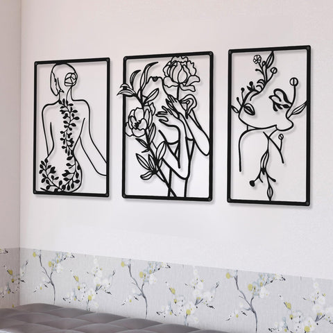 CHENGU 3 Pieces Metal Minimalist Abstract Woman Wall Art Line Drawing Wall Art Decor Single Line Female Home Hanging for Kitchen Bathroom Living Room(Artistic Body)