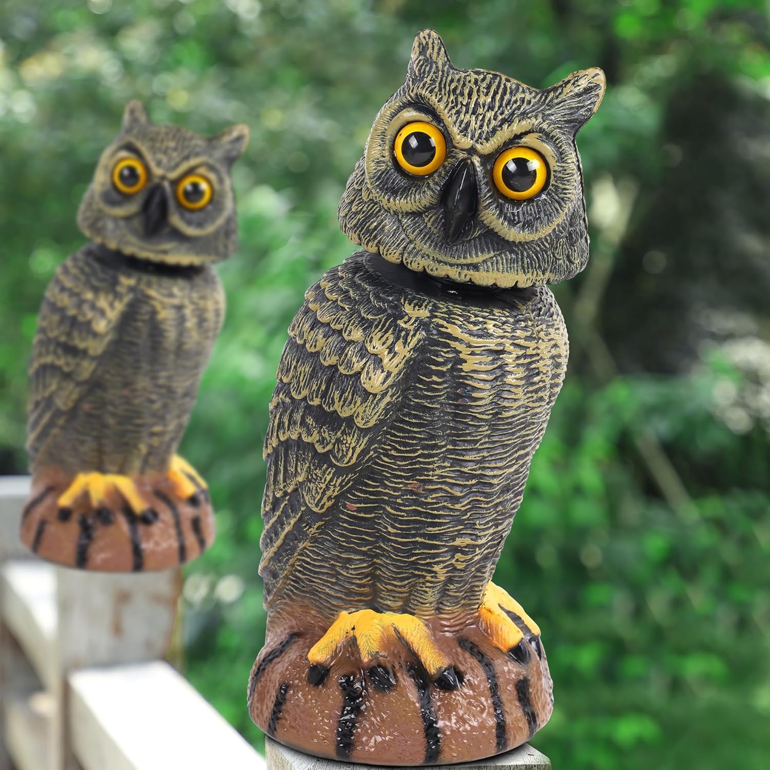 2 Pack Bird Scarecrow Fake Owl Decoy Sculpture, Rotating Head Plastic Owl Bird Deterrents, 10.6 Inch Height Nature Enemy Horned Pest Repellent for Outdoor Garden Yard