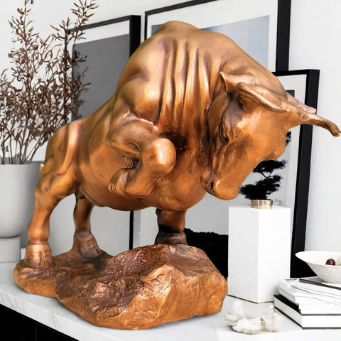 Bronze Bull Sculpture - Pure Copper Charging Bull/Cow/Ox Figure and Statue Handmand Collectable Art Decor - Raging Bull Figurine for Office& Home Decorations and Gift (L:8.3in Red)