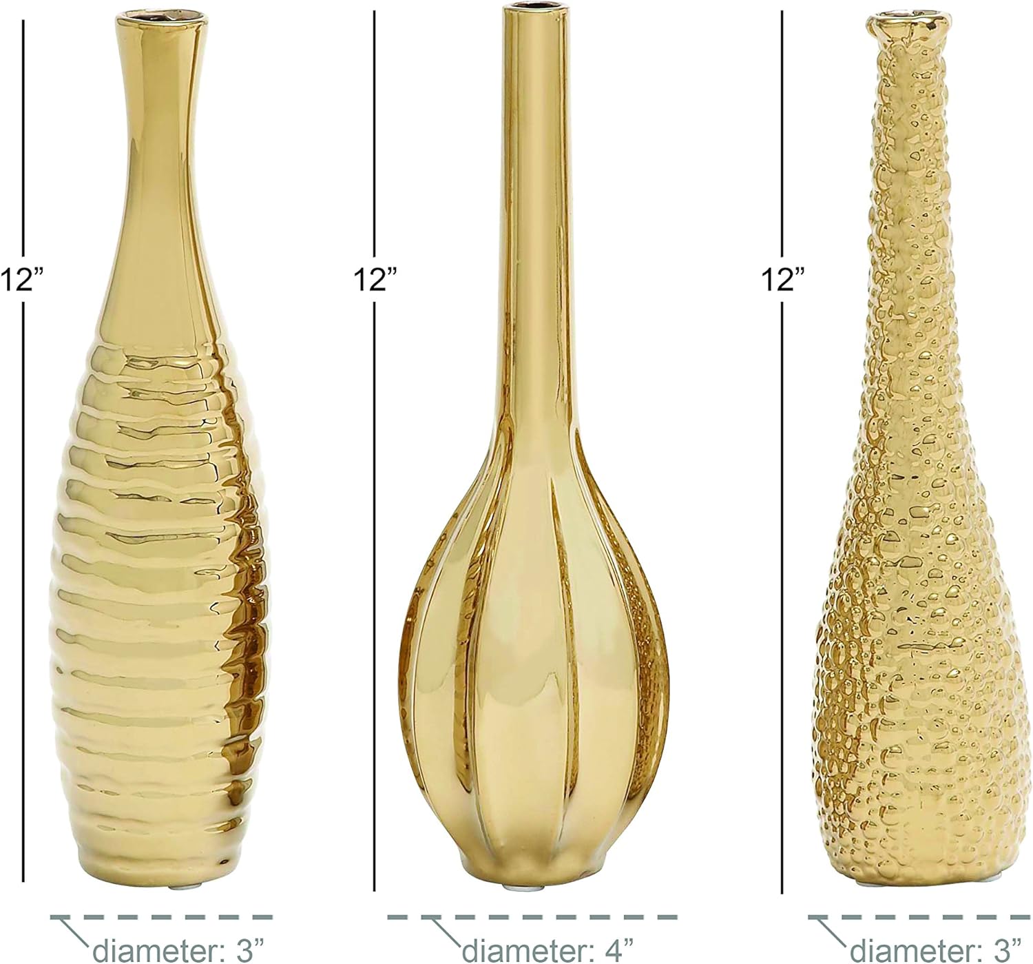 Deco 79 Ceramic Decorative Vase Slim Textured Bottleneck Centerpiece Vases with Varying Patterns, set of 3 Flower Vases for Home Decoration 4" x 4" x 12", Gold