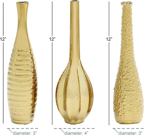 Deco 79 Ceramic Decorative Vase Slim Textured Bottleneck Centerpiece Vases with Varying Patterns, set of 3 Flower Vases for Home Decoration 4" x 4" x 12", Gold