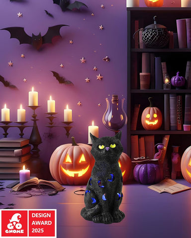 Black Cat Figurine with Glow-in-The-Dark Eyes - 7.3" Spooky Resin Halloween Decor Outdoor/Indoor Spring Summer Decorations Lawn Garden Statue (Black Cat)