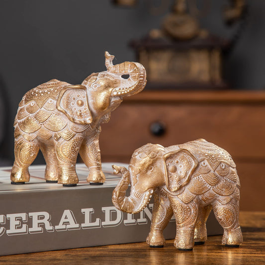 Elephant Statue for Home Decorations,Elephant Figurines with Trunk up,Elephant Decor for Shelf Shelves Table Living Room nightstand,African Elephants Gifts for Women Small Set of 2 Gold Color Accents 1601