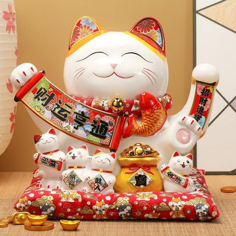 Lucky Statue Cat - Chinese Good Luck Cat with Waving Arm,Ceramic Fortune Cat Statue,Japanese Money Cat for Home, Office, and Store Decorations