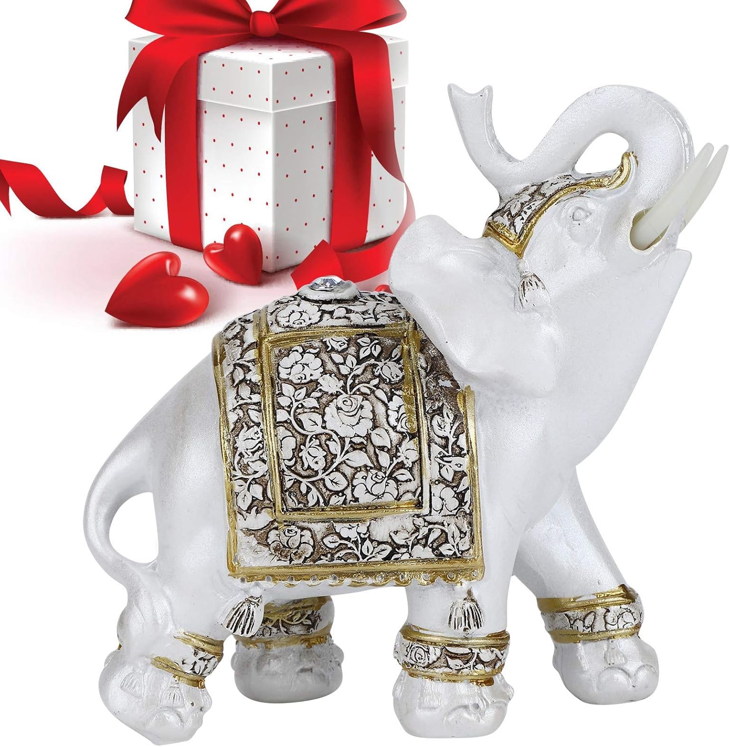 Wealth Elephant Statue,White Retro uropean Style Resin Lucky Feng Shui Lucky Elegant Figurine Elephant Statue Collectible for Home Office Car Decoration