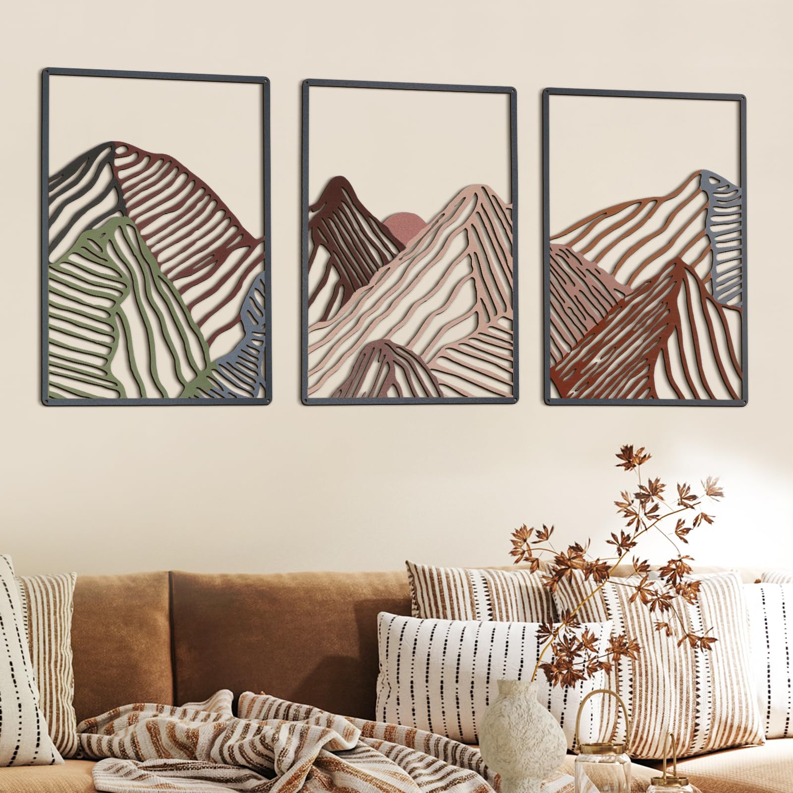 Peryiter 3 Pcs Mountain Metal Wall Art Mountain Line Wall Decor Abstract Minimalist Rustic Nature Decor for Home Bathroom Living Room(Black)