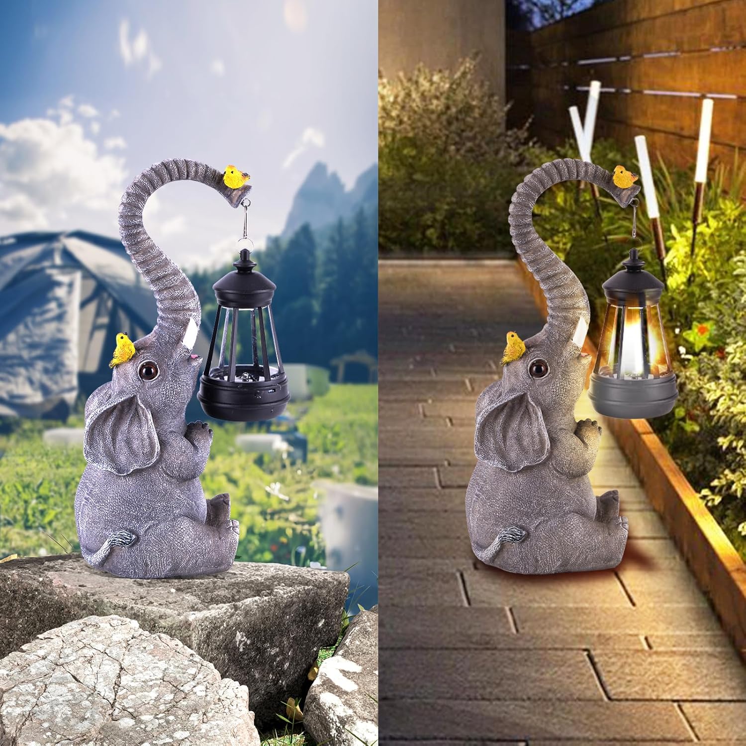 Solar Outdoor Garden Statues Lights, Mom Gifts Birthday Gifts for Women, Lucky Elephant Unique Housewarming Gifts and Yard Decoration, Elephant Figurines with Cute Birds Garden Sculpture Decor