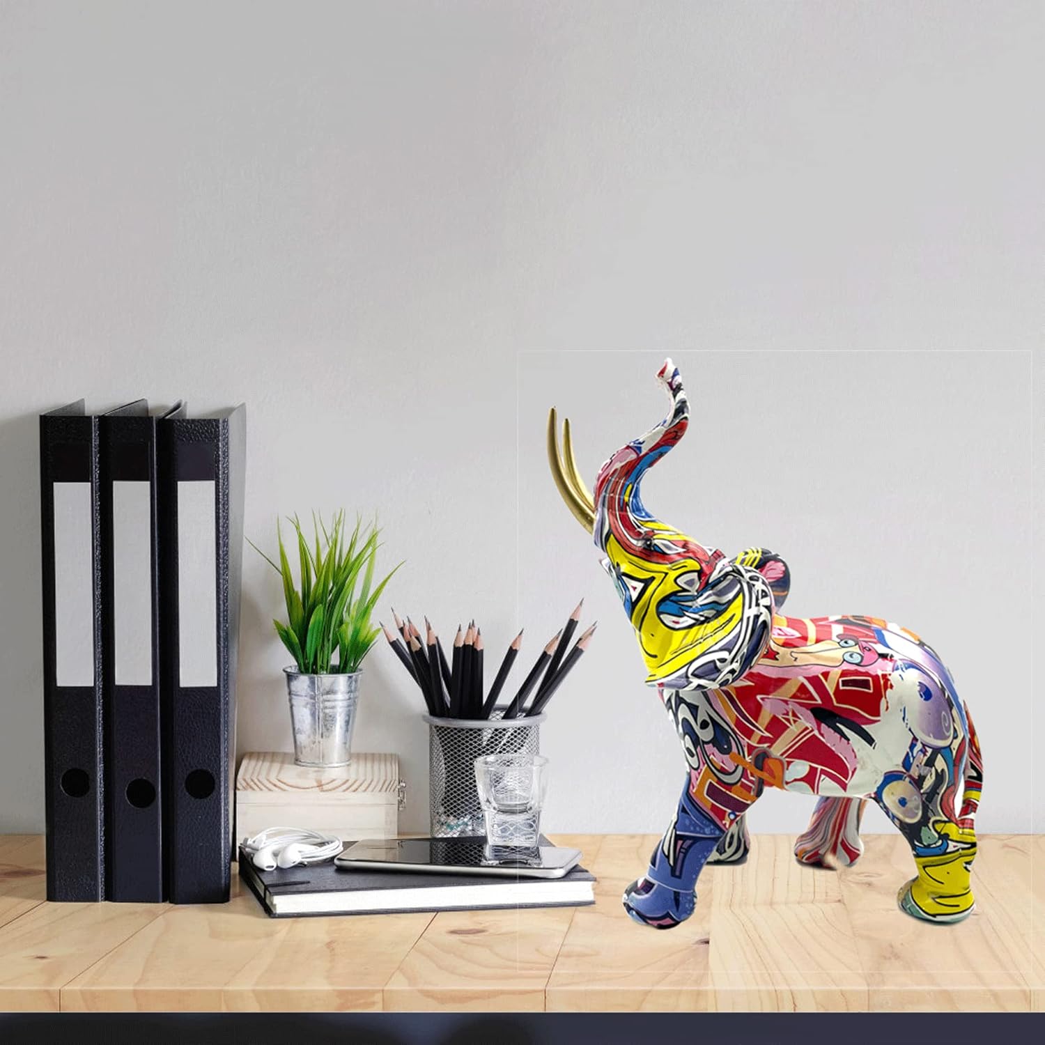 Colorful Art Elephant Statue Sculpture Figurine Collectible Gift Idea Home Decor Desktop Decoration (Large)