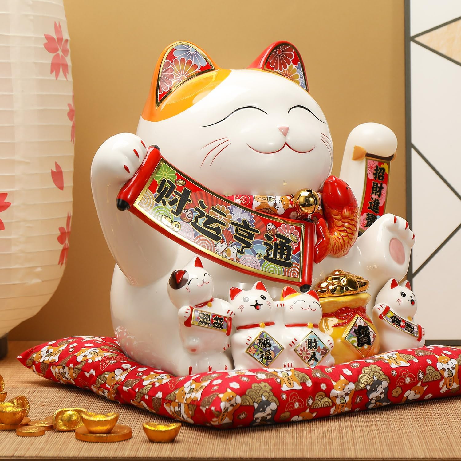 Lucky Statue Cat - Chinese Good Luck Cat with Waving Arm,Ceramic Fortune Cat Statue,Japanese Money Cat for Home, Office, and Store Decorations