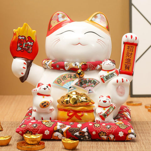 Lucky Statue Cat - Chinese Good Luck Cat with Waving Arm,Ceramic Fortune Cat Statue,Japanese Money Cat for Home, Office, and Store Decorations