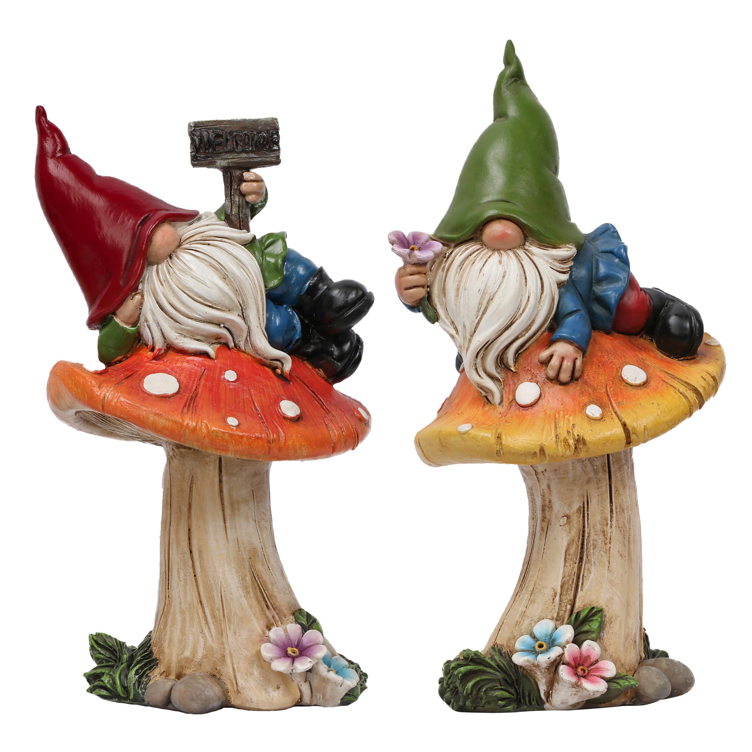 TERESA'S COLLECTIONS Resin Statues for Yard, Set of 2 Cute Garden Gnomes on Mushroom Statues for Outdoor Patio Porch Lawn, Ideal Gift for Dad Mom Birthday, Outside Decor Housewarming Gifts, 6.7"