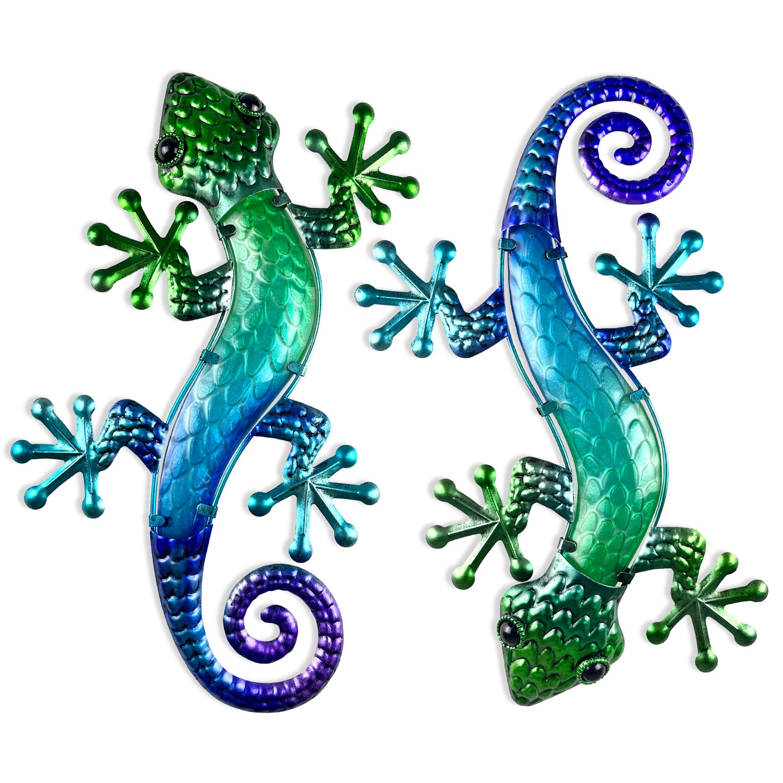 HONGLAND Metal Gecko Wall Art 2 Pack 15 Inch Lizard Outdoor Decor Hanging Glass Sculpture Decoration for Garden Fence Home