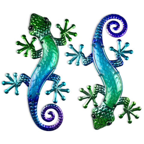 HONGLAND Metal Gecko Wall Art 2 Pack 15 Inch Lizard Outdoor Decor Hanging Glass Sculpture Decoration for Garden Fence Home