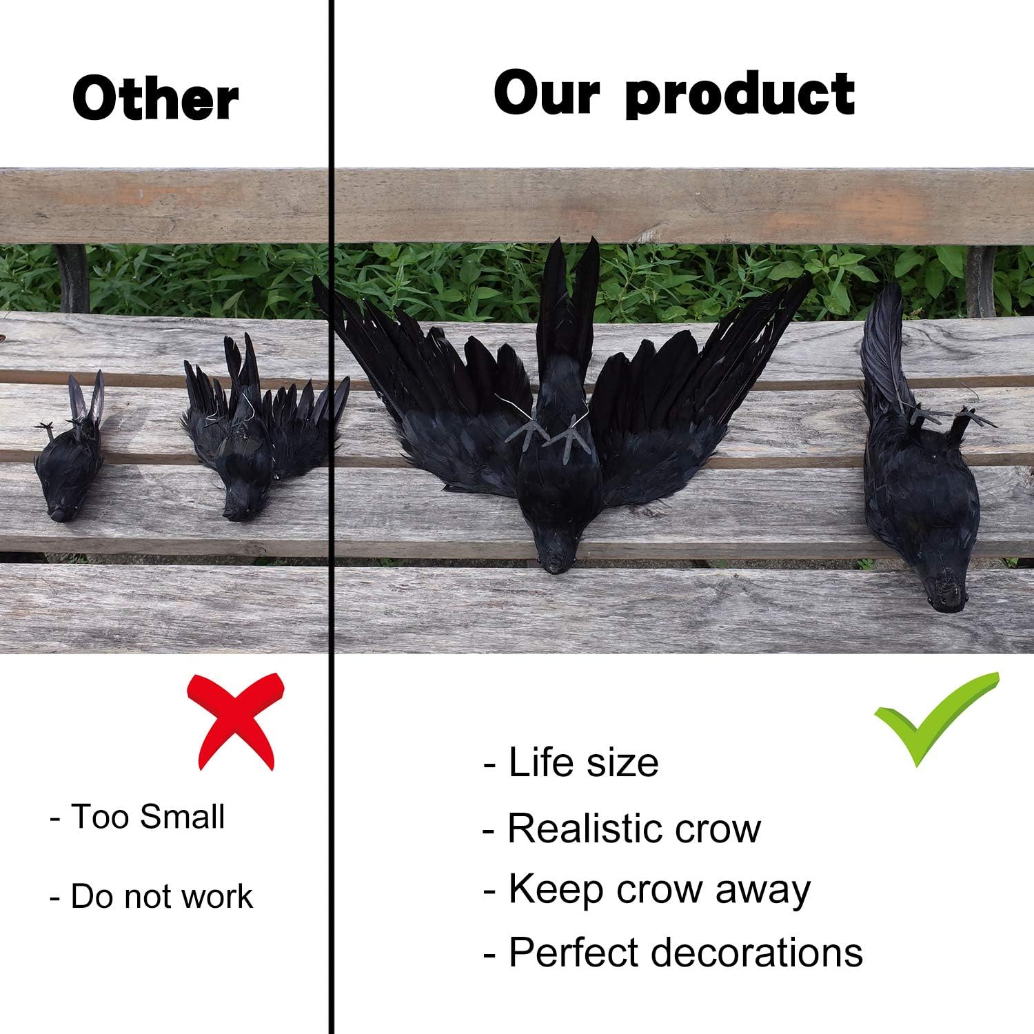 2-Pack Realistic Crows Lifesize Extra Large Handmade Black Feathered Crow for Halloween Decorations Birds, L (13 inch+12 inch)