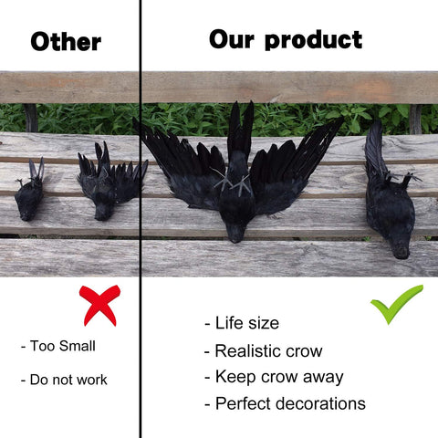 2-Pack Realistic Crows Lifesize Extra Large Handmade Black Feathered Crow for Halloween Decorations Birds, L (13 inch+12 inch)