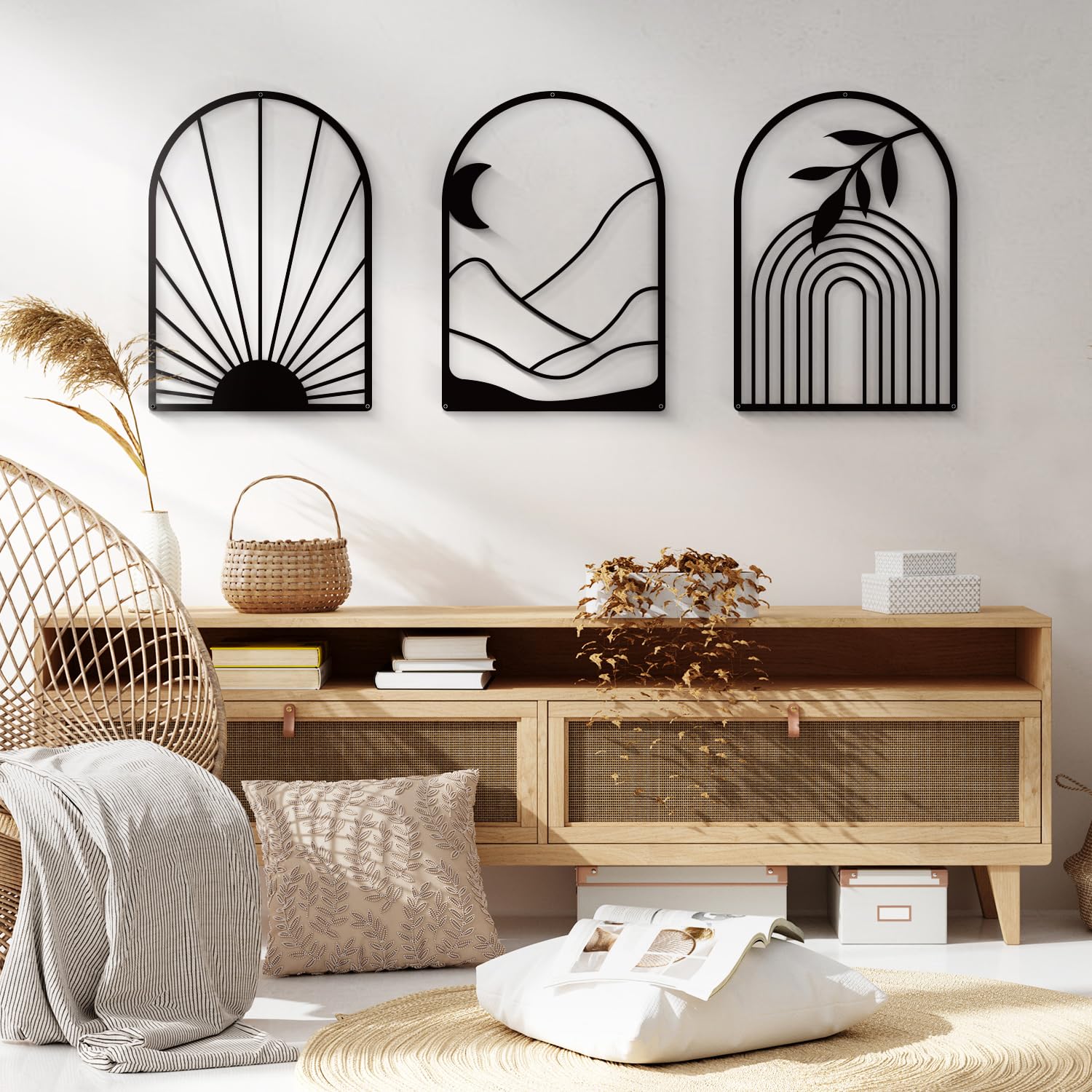 Sokurdeg Boho Metal Minimalist Geometry Wall Art, Black Bohemian Line Metal Art Wall Decor, Modern Abstract Wall Art for Bedroom Bathroom Living Room (3 Pack, 12 x 17 in)