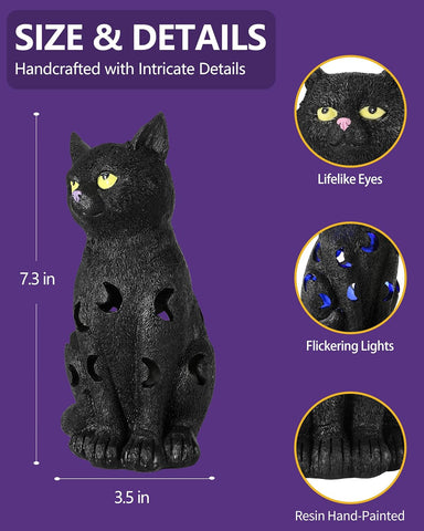 Black Cat Figurine with Glow-in-The-Dark Eyes - 7.3" Spooky Resin Halloween Decor Outdoor/Indoor Spring Summer Decorations Lawn Garden Statue (Black Cat)