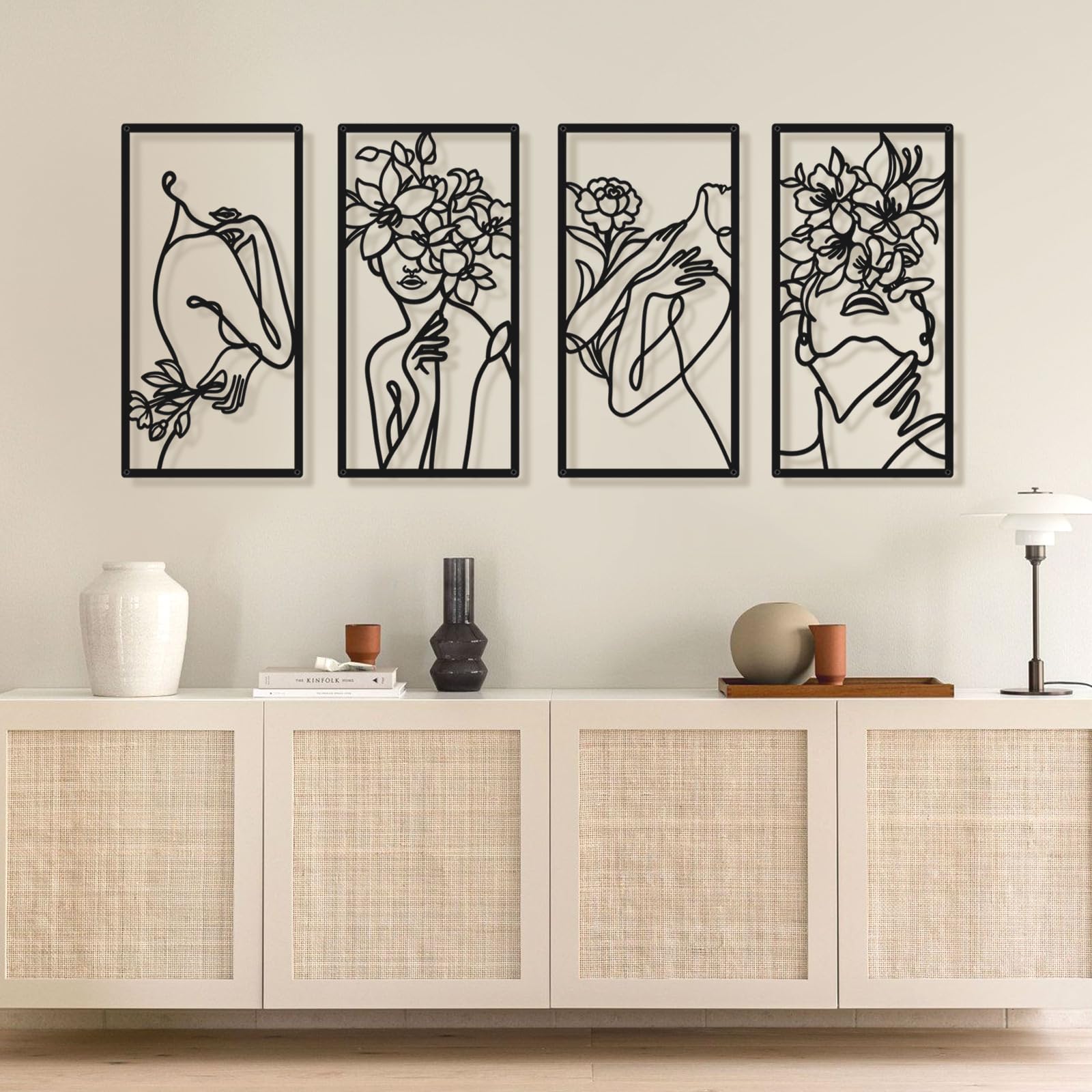 Bakovity Black Metal Bathroom Wall Art, Minimalist Woman Line Wall Decor, Metal Wall Decor for Bathroom Bedroom Living Room (4 Pcs,17 x 9 in)