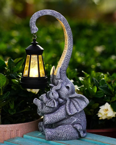 Elephant Outdoor Statues with Cute Baby Garden Decor, Resin Elephant Figurines with Solar Lantern Outdoor Decoration Gifts for Mothers Day, Birthday Day