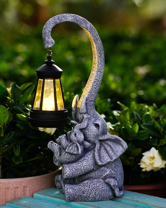 Elephant Outdoor Statues with Cute Baby Garden Decor, Resin Elephant Figurines with Solar Lantern Outdoor Decoration Gifts for Mothers Day, Birthday Day 2042