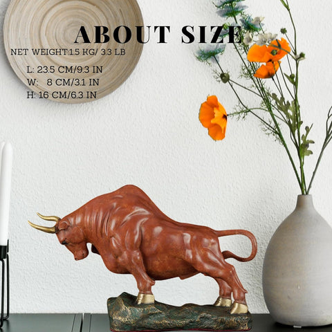 Bronze Bull Sculpture - Pure Copper Charging Bull/Cow/Ox Figure and Statue Handmand Collectable Art Decor - Raging Bull Figurine for Office& Home Decorations and Gift (L:8.3in Red)