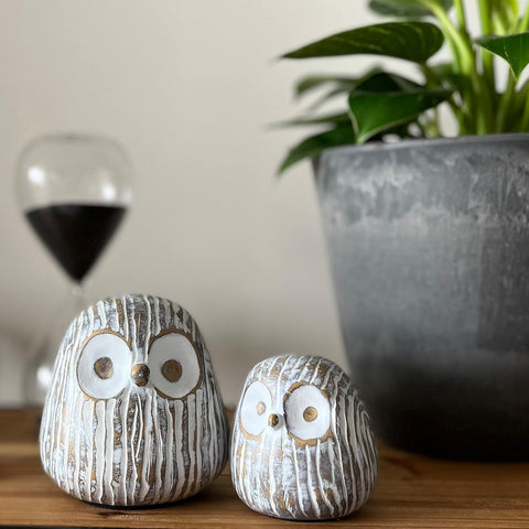 Chubby Night Owl Decor Statue Sculpture, Bookshelf Decor Accents, Boxed Set of 2, Rustic Brown & White, 3⅛ & 4⅓ Inch Decorative Resin Figurines