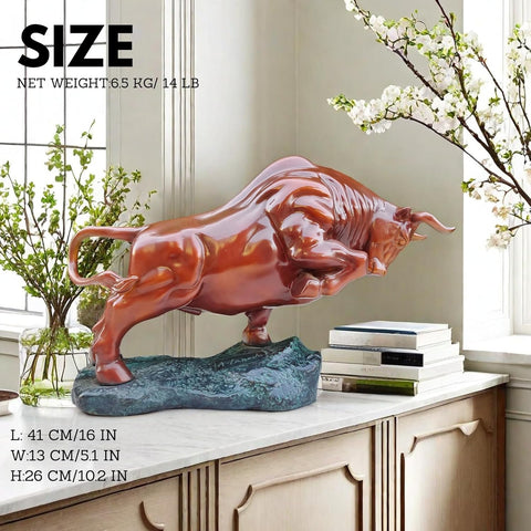 Bronze Bull Sculpture - Pure Copper Charging Bull/Cow/Ox Figure and Statue Handmand Collectable Art Decor - Raging Bull Figurine for Office& Home Decorations and Gift (L:8.3in Red)