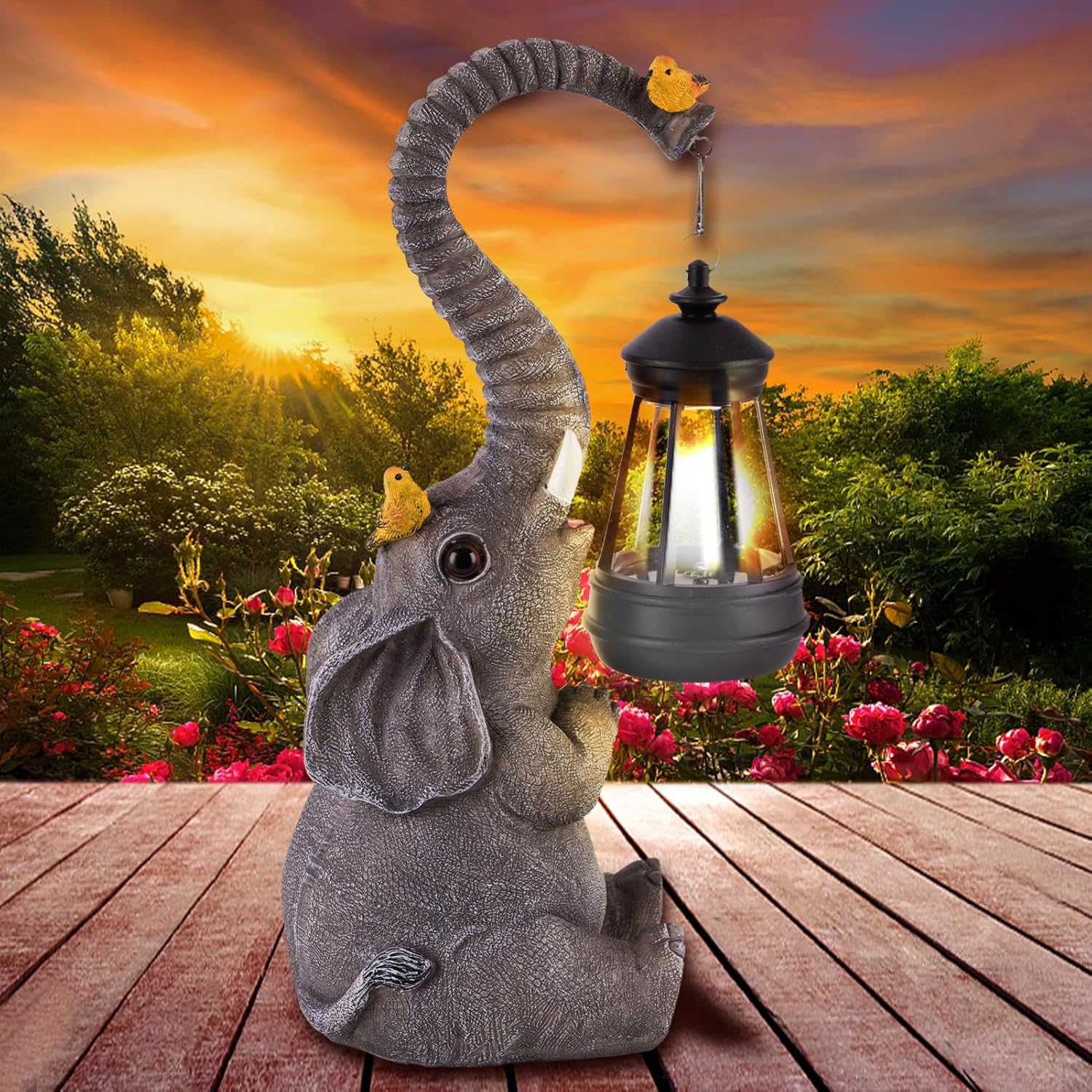 Solar Outdoor Garden Statues Lights, Mom Gifts Birthday Gifts for Women, Lucky Elephant Unique Housewarming Gifts and Yard Decoration, Elephant Figurines with Cute Birds Garden Sculpture Decor