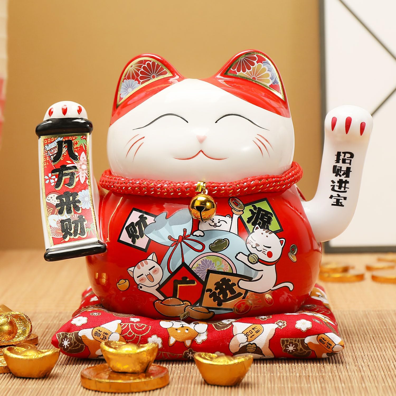 Lucky Statue Cat - Chinese Good Luck Cat with Waving Arm,Ceramic Fortune Cat Statue,Japanese Money Cat for Home, Office, and Store Decorations