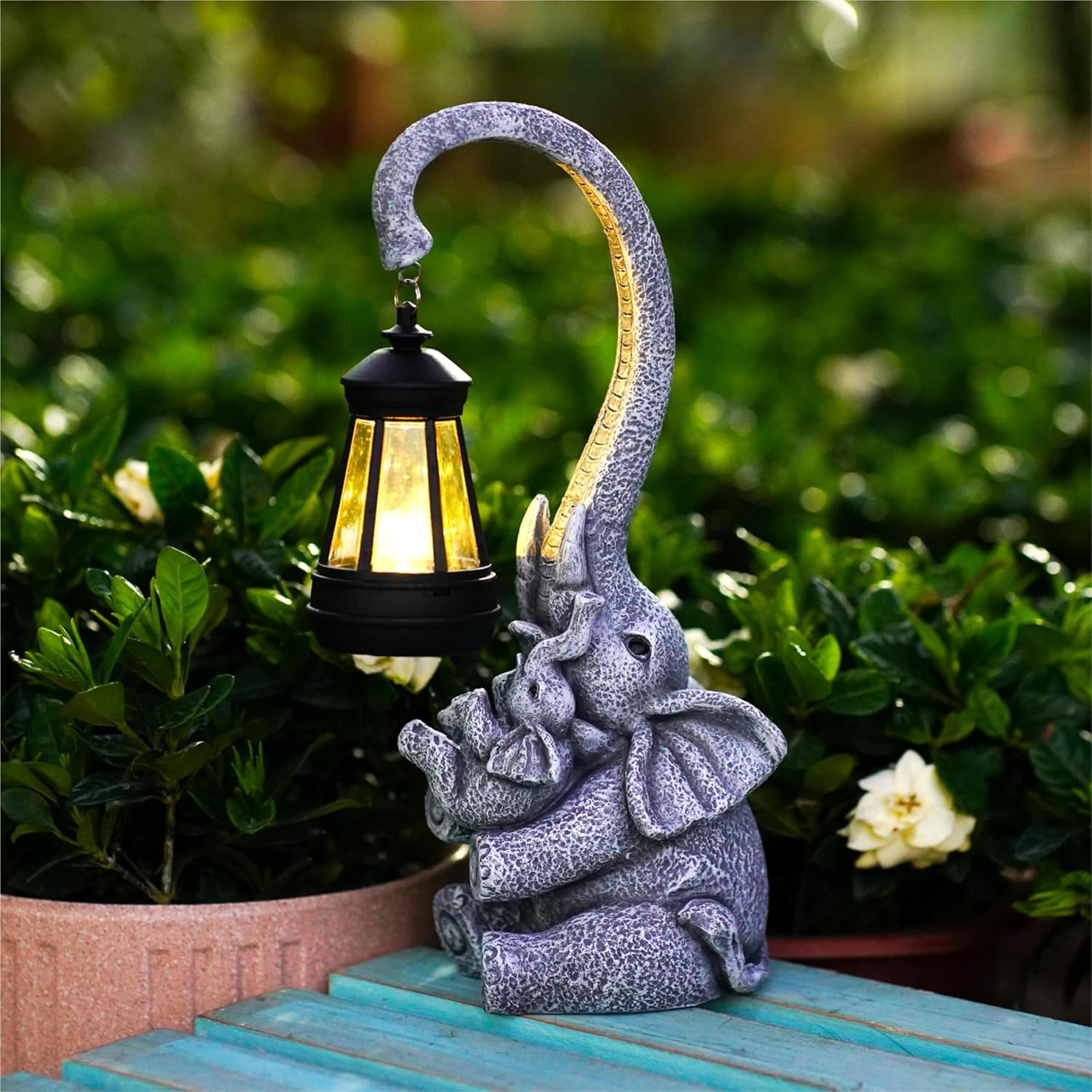 Elephant Outdoor Statues with Cute Baby Garden Decor, Resin Elephant Figurines with Solar Lantern Outdoor Decoration Gifts for Mothers Day, Birthday Day