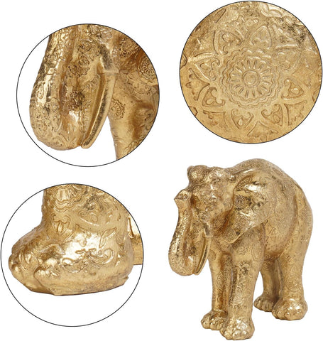 Elephant Statues Home Décor Collectible Figurines - Gold Resin Boho Elephant Decoration Handmade Brings Good Luck Health for Living Room Shelf Office Gifts for Women 7.25 x 3.25 x 5.75 Inch