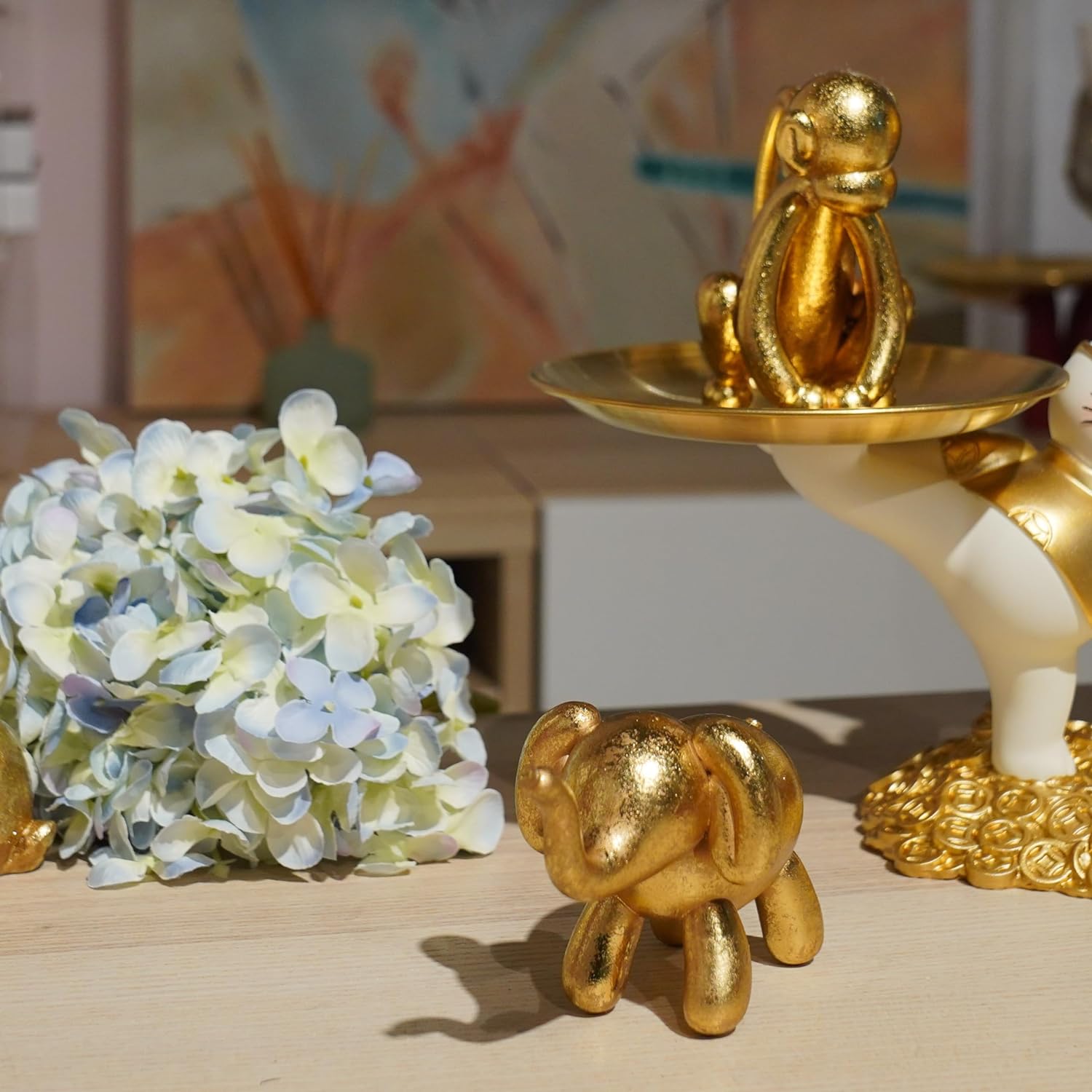 Elephant Statues Home Décor Collectible Figurines - Gold Resin Boho Elephant Decoration Handmade Brings Good Luck Health for Living Room Shelf Office Gifts for Women 7.25 x 3.25 x 5.75 Inch