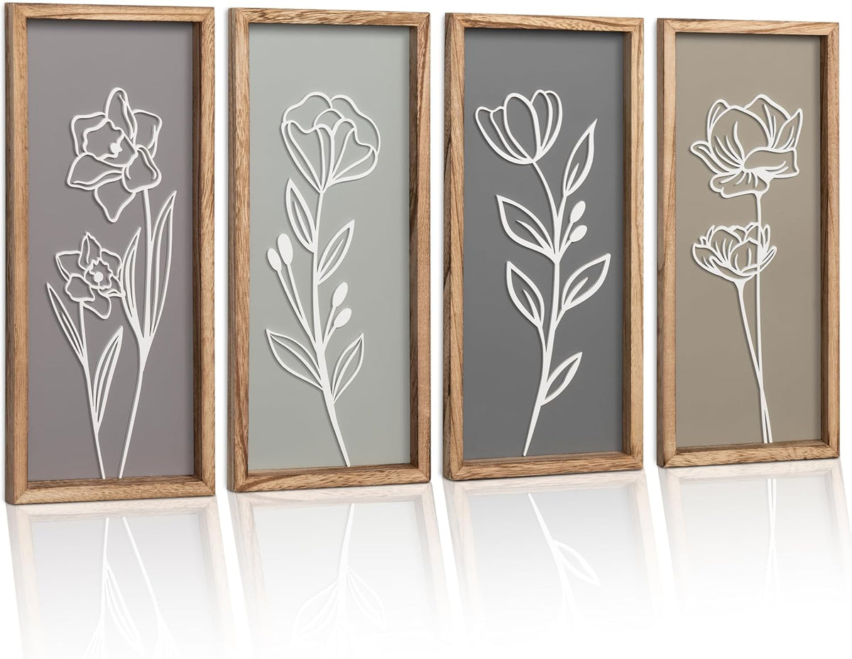 3D Wooden Floral Bathroom Wall Decor (Set of 4) Lightweight, Ready-to-Hang Framed Wall Art For Living Room, Bedroom, or Office - Premium Boho Botanical Farmhouse Decorations - Gift-Boxed