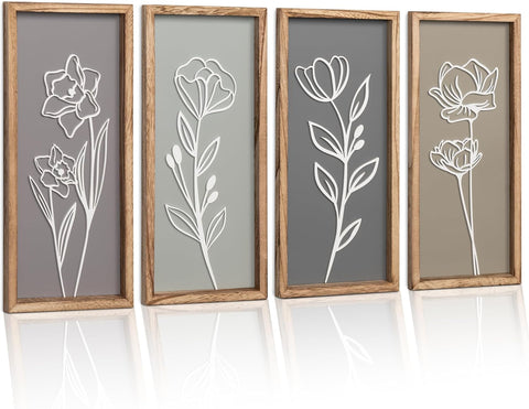 3D Wooden Floral Bathroom Wall Decor (Set of 4) Lightweight, Ready-to-Hang Framed Wall Art For Living Room, Bedroom, or Office - Premium Boho Botanical Farmhouse Decorations - Gift-Boxed