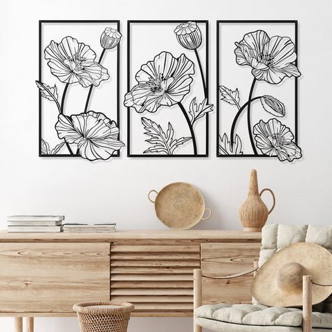 Therwen 3 Pcs Black Metal Wall Art Minimalist Wall Decor for Bedroom Flowers Decor Hanging Flower Bathroom Art Flower Line Sculpture Kitchen Decoration 16.5 x 9.8 Inch