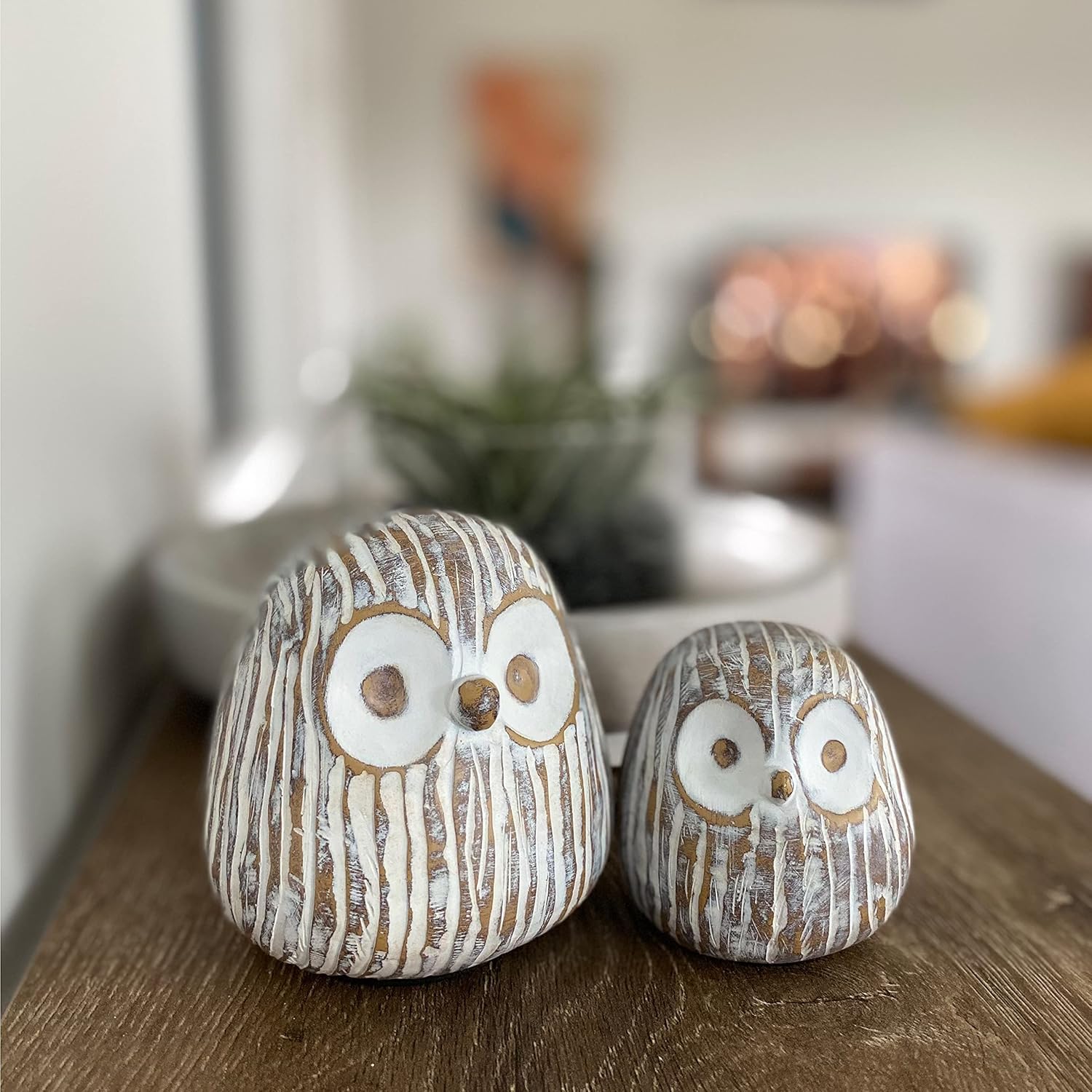 Chubby Night Owl Decor Statue Sculpture, Bookshelf Decor Accents, Boxed Set of 2, Rustic Brown & White, 3⅛ & 4⅓ Inch Decorative Resin Figurines