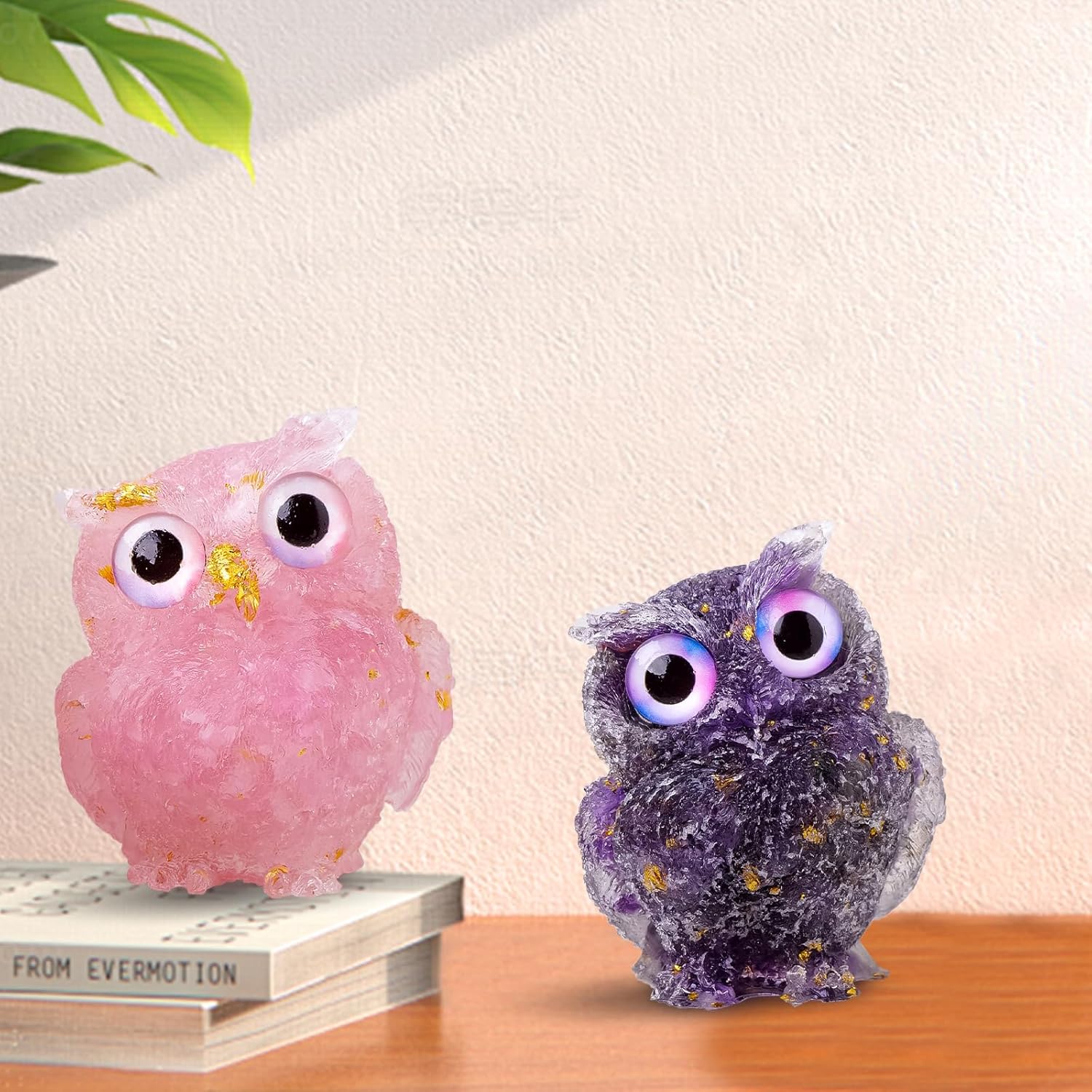 2.5 inch 2PCS Cute Owl Statue Natural Healing Crystal Resin Figurine for Desk, Amethyst Rose Quartz Reiki Spiritual Energy Gemstone Sculpture for Home Office Room Decor Gifts for Women Men