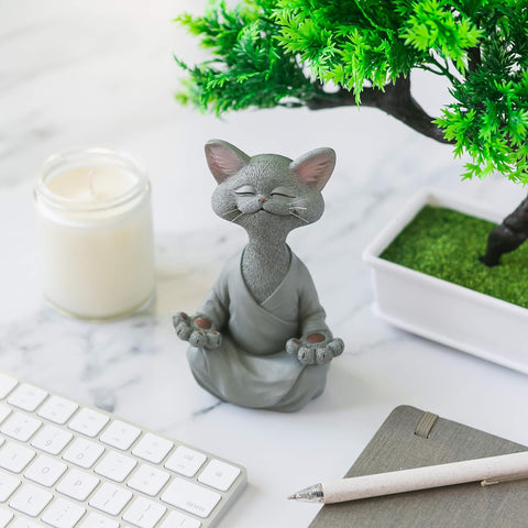 Whimsical Grey Cat Buddha Figurine Meditation Yoga Decor - Happy Cat Collection - Cat Lover Gifts, Yoga Gifts, Meditation Gifts, Zen Namaste Decor Gifts