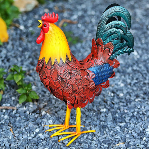 Metal Rooster Yard Decor, 16" Metal Chicken Yard Art, Garden Rooster Statues & Sculpture, Farmhouse Lawn Iron Chicken Figurines, Rooster Animal Decoration for Patio Backyard Home Kitchen