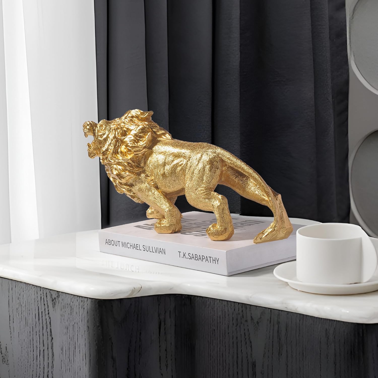 Lion Statue, 11.8 Inch Strong Lion Sculpture, Modern Gold Home Decor, Bookcase Desk Bedroom Family Living Room Centerpiece