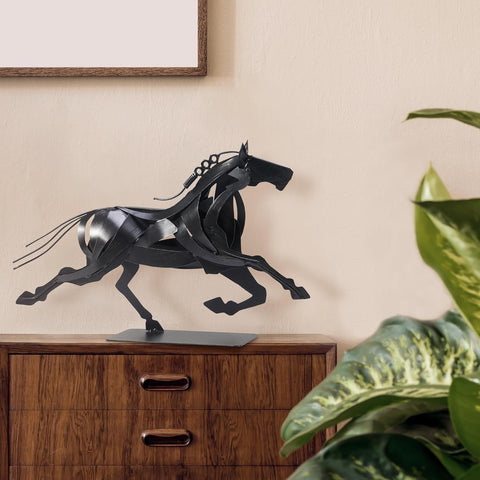 Running Horse Sculpture Western Decor, Handmade Metal Horse Statue Home Decor, Rustic Animal Statue Gifts for Women (Black)