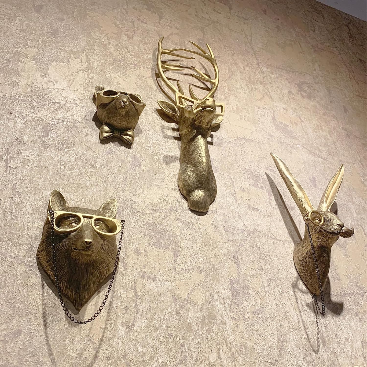 GUASDIE Animal Heads Wall Decor, Faux Deer Head Mount, Animal Sculptures Wall Decor, Resin Animal Head Wall Hanging Decoration for Living Room Bedroom Kitchen Gift,5pcs