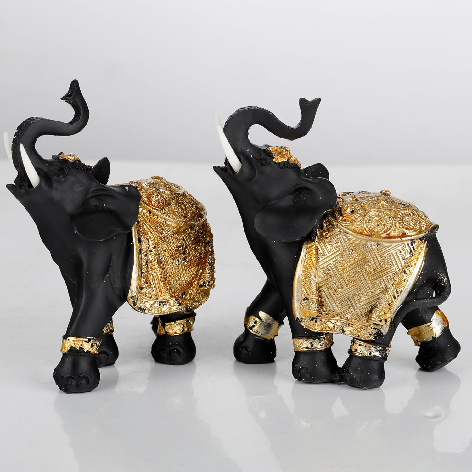 Luck Elephant Decor Set with Trunks Up - Feng Shui Resin Black and Golden Couple Elephant Figurines - Pair of Elephants Statue, Modern Sculpture for Home Decor